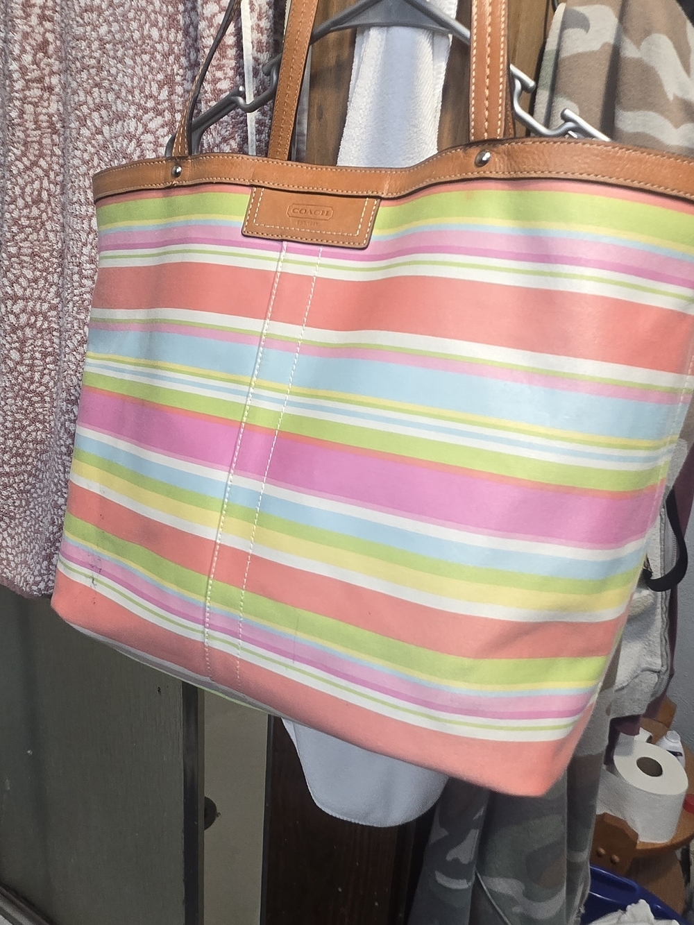 COACH Multicolor Striped Canvas Tote with Tan Leather Trim